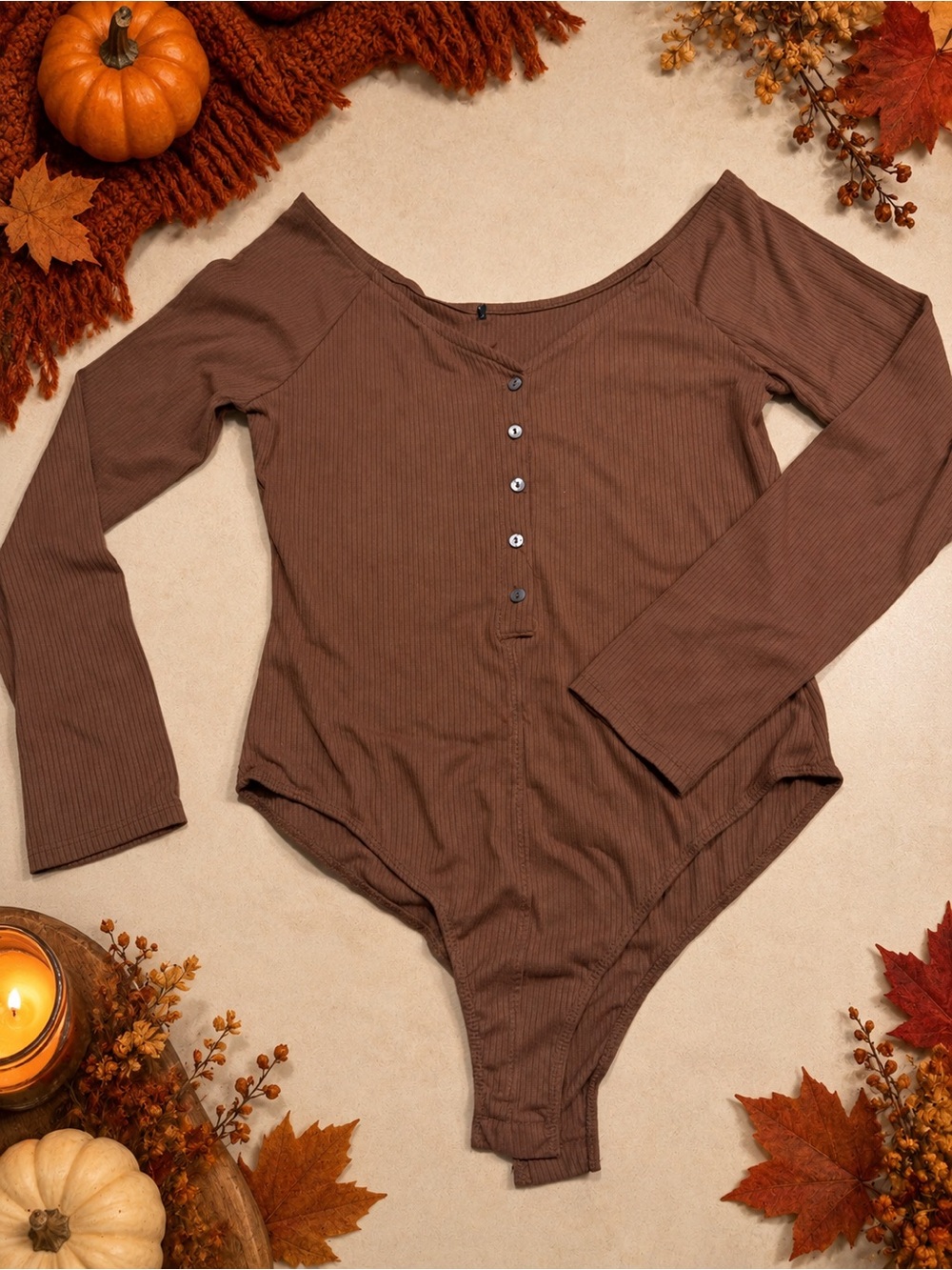 Woman Long-Sleeve Ribbed Brown One-Piece Bodysuit